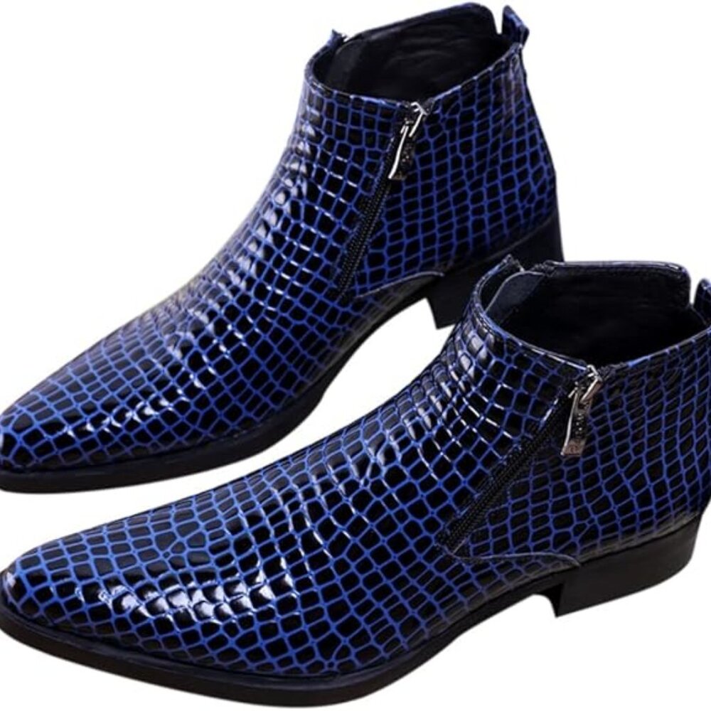 Santimon Men's US 7.5 Blue Alligator Patent Leather Zipper Ankle Boots  Please D